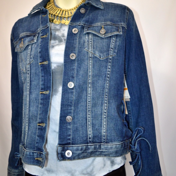 Women's Blue Laced-side Denim Trucker Jacket - Picture 3 of 6